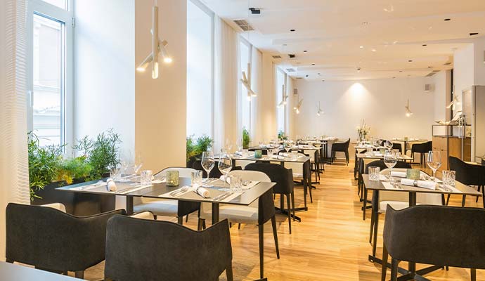 A bright, modern commercial restaurant dining room
