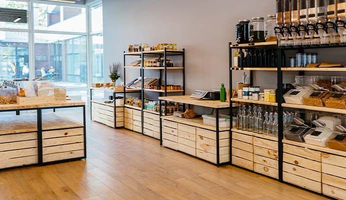 A grocery retail interior featuring multiple wooden display shelving units