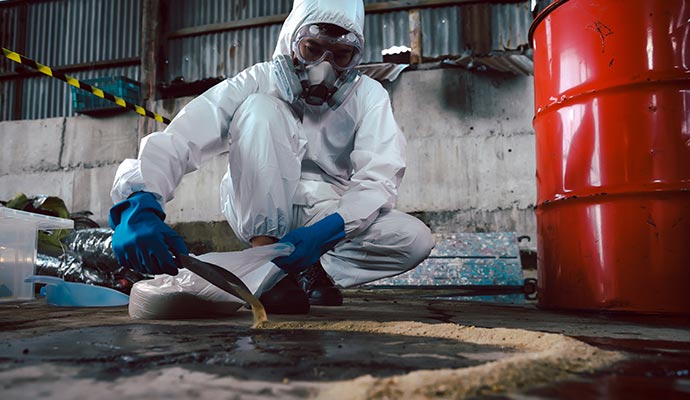An expert cleaning up a chemical spill using protective gear and specialized equipment