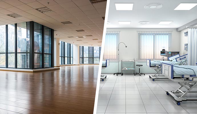 Collage showing clean office and hospital interiors