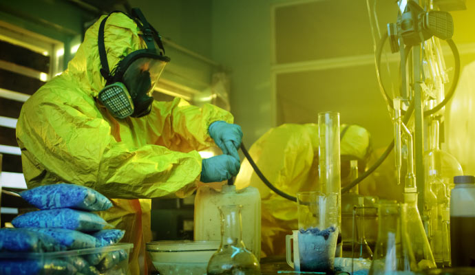 Professionals safely removing hazardous materials and chemicals from former drug lab