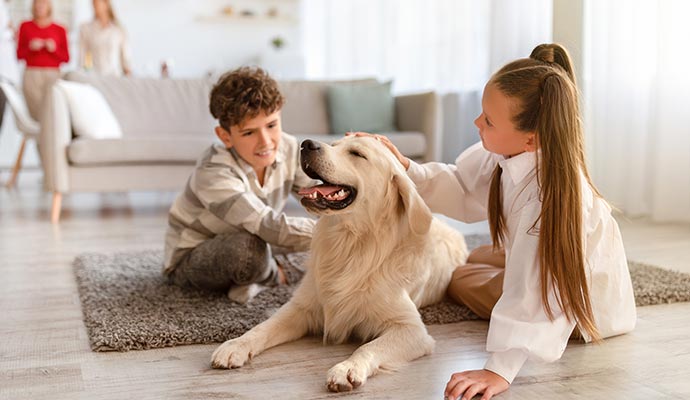Siblings sitting together on a rug in a warm living room, gently petting a resting dog