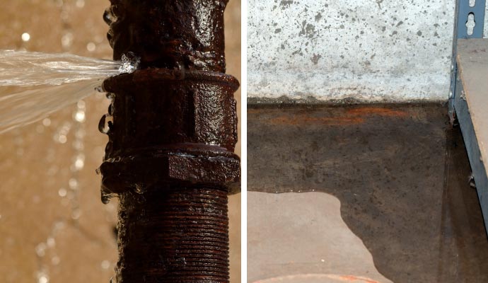 Collage of broken water pipe and plumbing leak.