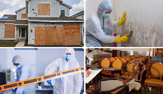 Collage of boarded up house, mold remediation biohazard cleanup and clean content