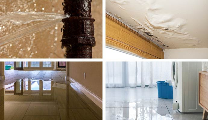 Collage of broken pipe leaking water, ceiling and floor damaged by water and water leaking from washing machine