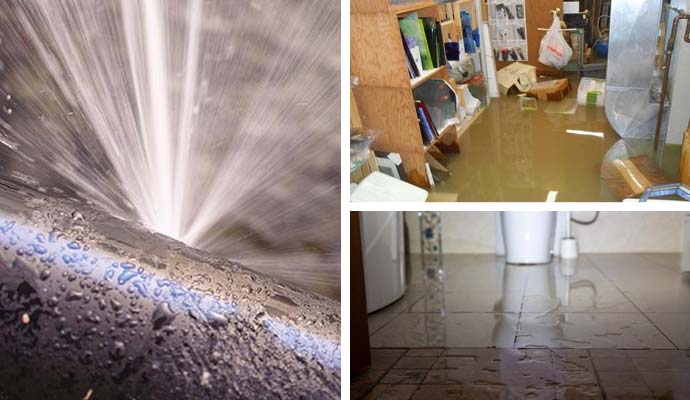 Collage of broken water pipe, flood damaged property and wet bathroom floor