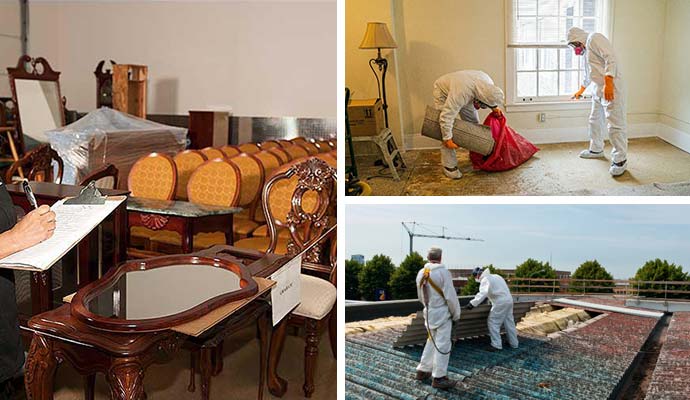 Collage of content-restoration, biohazard-cleanup and asbestos-abatement removal service 