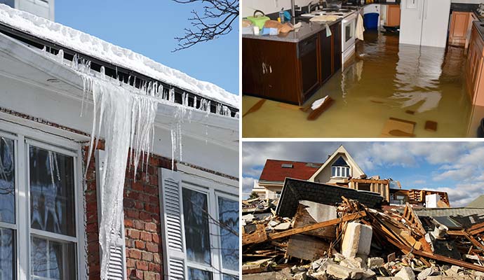 Collage of ice damaged roof, flood and tornado damaged houses