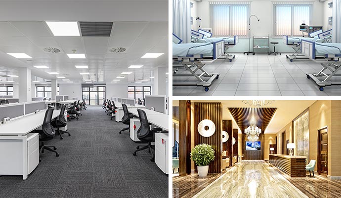 Collage showing the interiors of an office, a hospital and a hotel