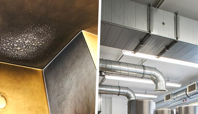 Collage of a smoke and soot damaged ceiling and an industrial air duct system
