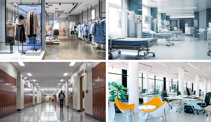Collage of store, health care facility, school and office interior