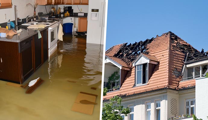 Collage of water and fire damage