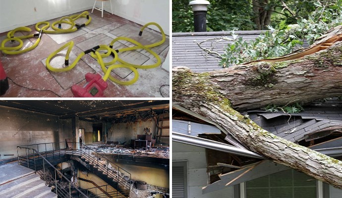 Collage of water damage restoration, fire damaged house and storm damaged house