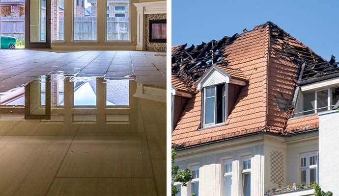 Collage of water damaged floor and fire damaged house roof