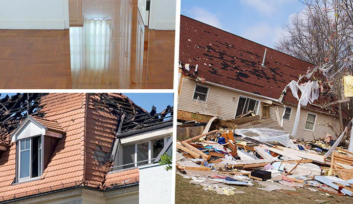 Collage of water on the floor, fire damaged house and storm-damaged property.