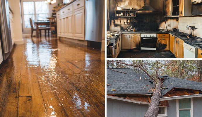 Collage of water on the floor, fire damaged kitchen and storm-damaged property.