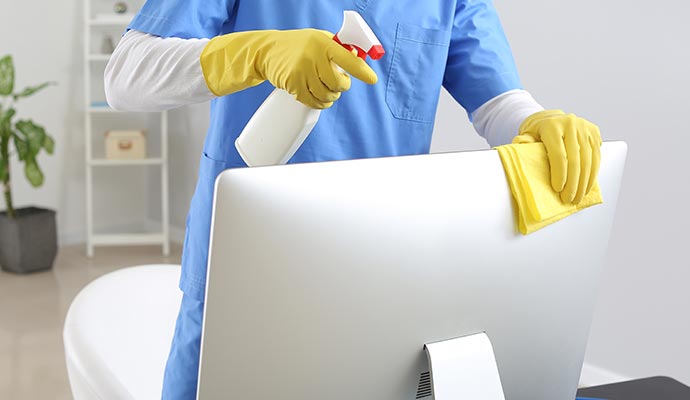 A person is disinfecting a monitor