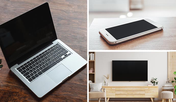 Collage of a laptop, a phone and a television