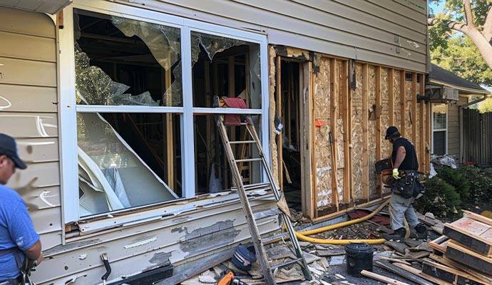 Two professionals cleaning up disaster damaged property