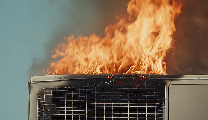 Air conditioning unit burning with large flames