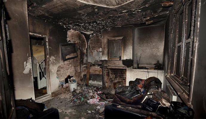 Interior room showing extensive damage caused by house fire