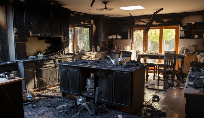 Fire damaged residential kitchen