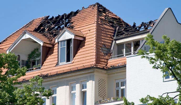 Fire damaged roof of a residential house