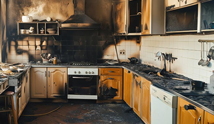 Smoke and soot damaged kitchen from a fire. Smoke and soot damaged kitchen from a fire.