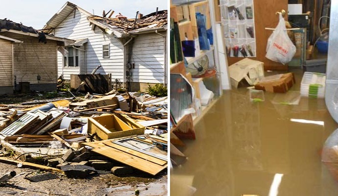 Collage of residential property severely damaged by storm and floodwater