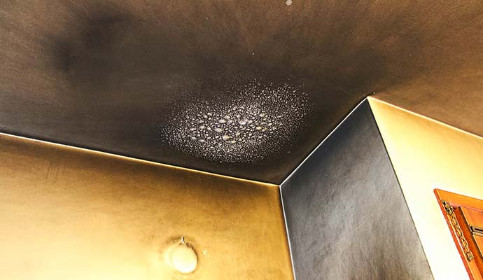 Soot and smoke damaged ceiling