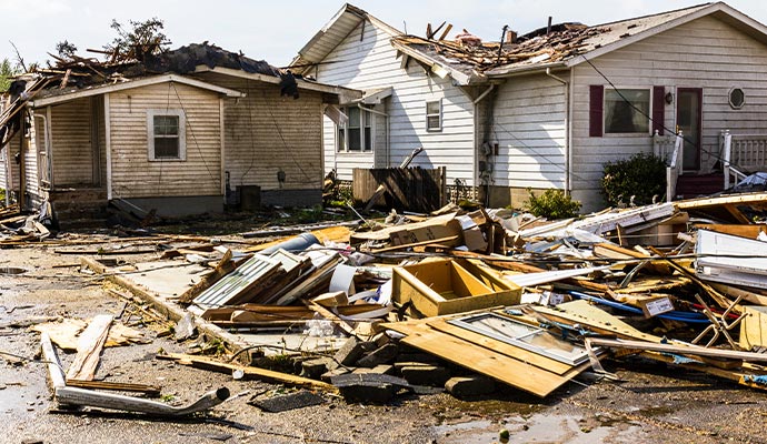 House showing structural and roof damage after a heavy storm