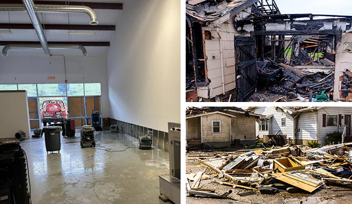 Collage of water damage restoration, fire damaged and storm damaged house
