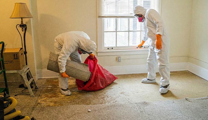 Two professional with full hazmat suits cleaning biohazard