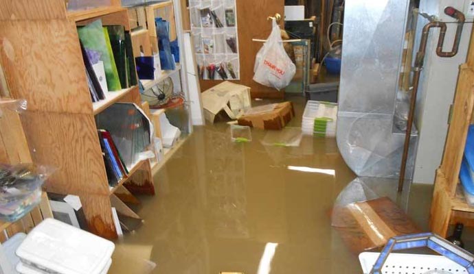 Interior of a house severely affected by flood damage
