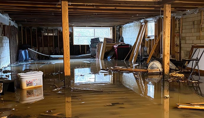 A flooded basement with standing water covering the entire floor