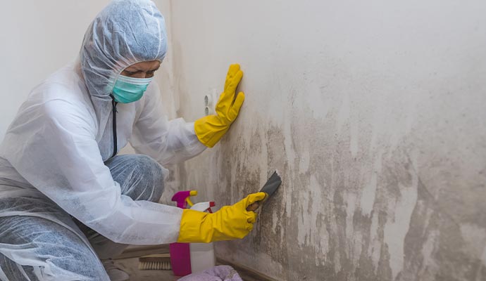 Person cleaning mold with equipment